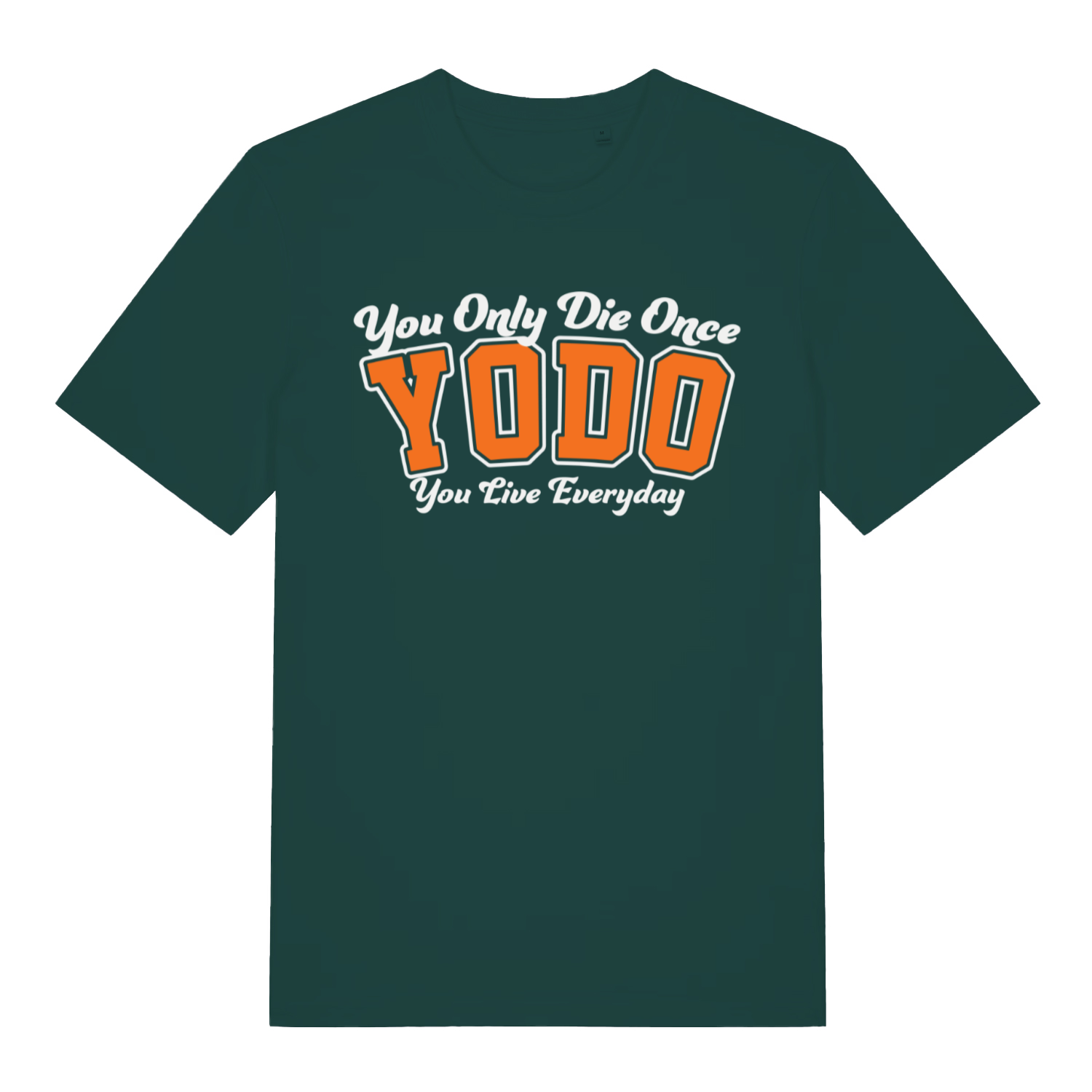 Green YODO men’s funny motivational slogan t-shirt with orange varsity YODO lettering  