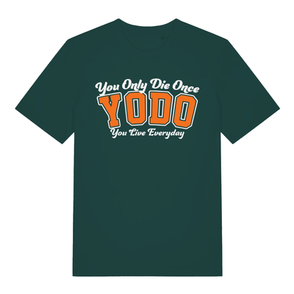 Green YODO men’s funny motivational slogan t-shirt with orange varsity YODO lettering  