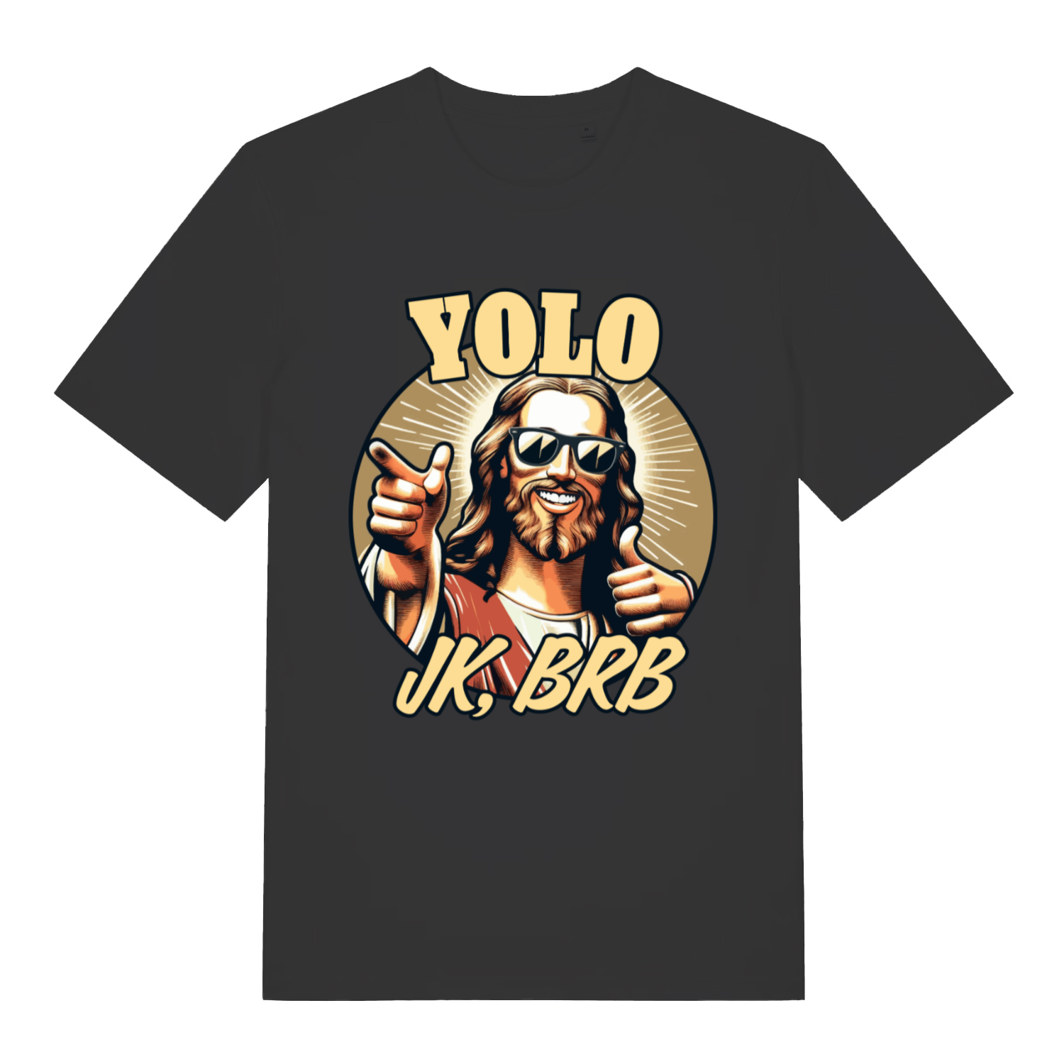 Black YOLO JK BRB men’s funny Jesus graphic t-shirt with cool shades and thumbs up design  