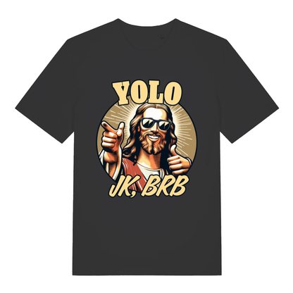 Black YOLO JK BRB men’s funny Jesus graphic t-shirt with cool shades and thumbs up design  