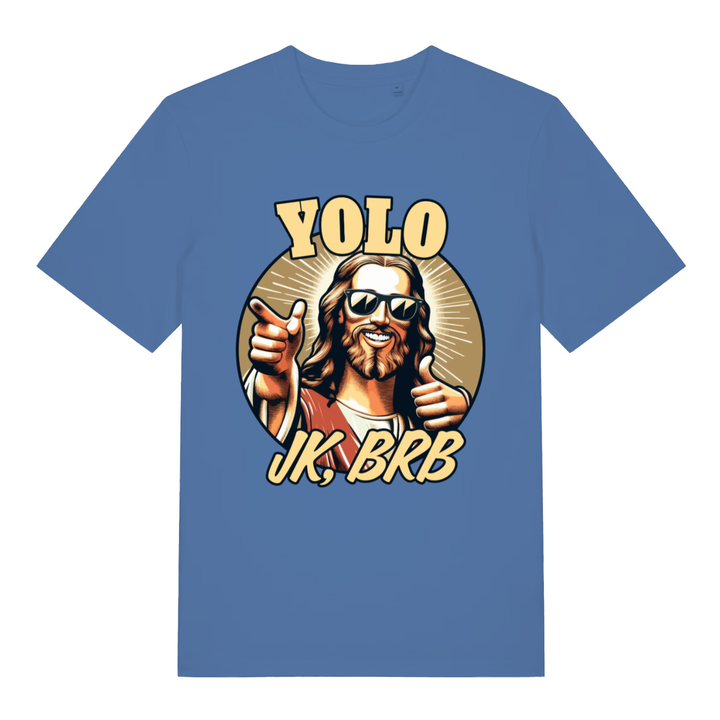 Blue YOLO JK BRB men’s funny Jesus graphic t-shirt featuring classic resurrection banter print  