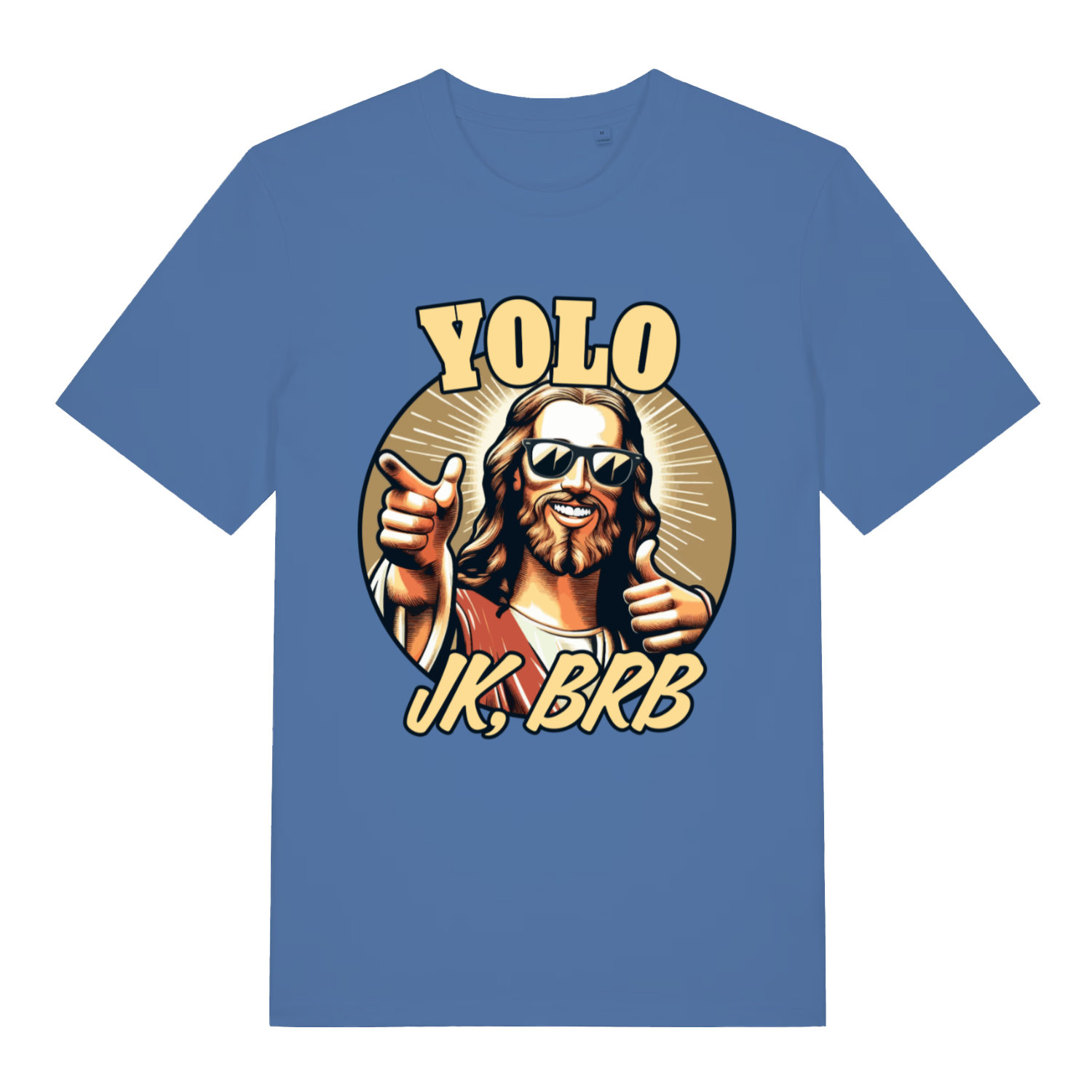 Blue YOLO JK BRB men’s funny Jesus graphic t-shirt featuring classic resurrection banter print  