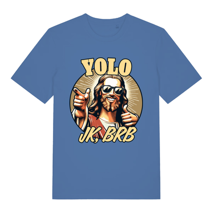 Blue YOLO JK BRB men’s funny Jesus graphic t-shirt featuring classic resurrection banter print  