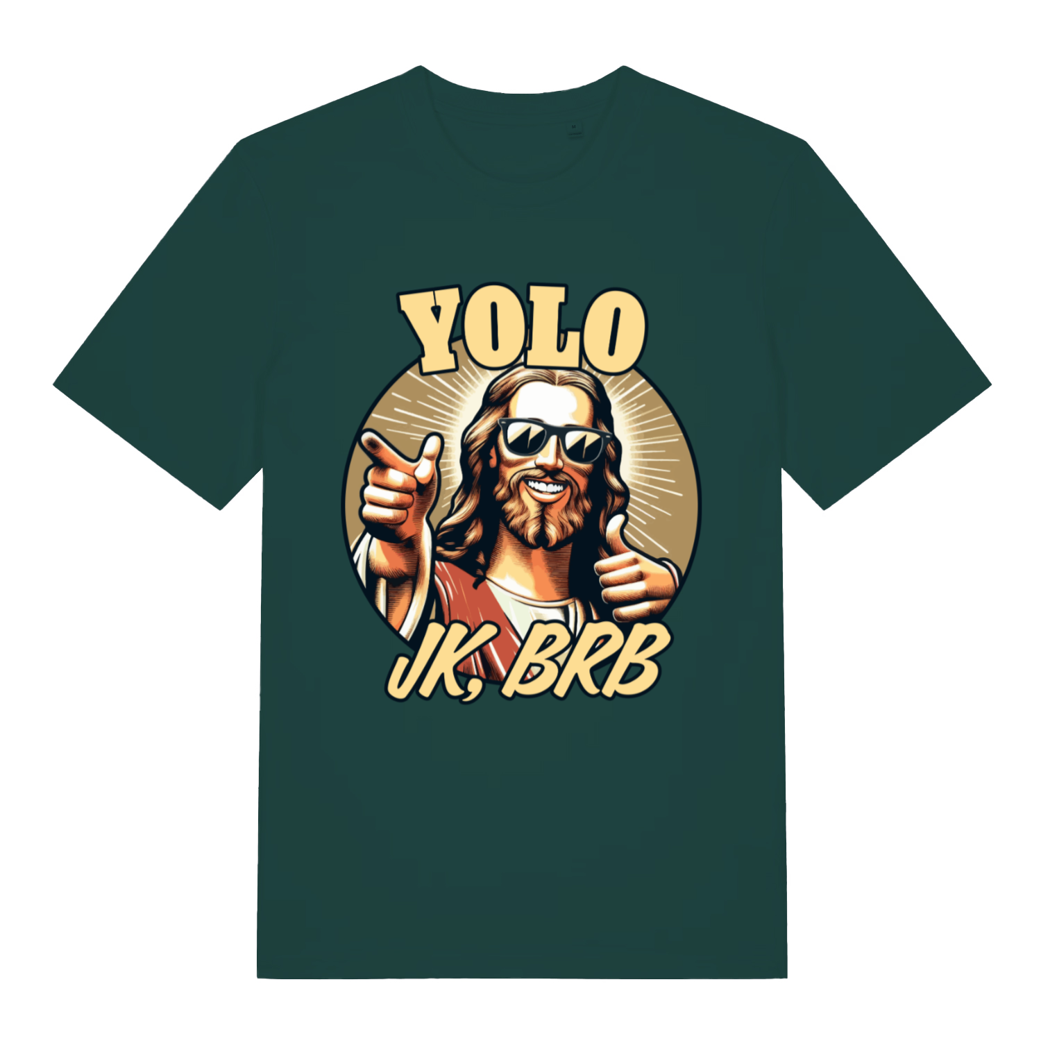 Green YOLO JK BRB men’s funny Jesus graphic t-shirt with bold YOLO and JK BRB design  