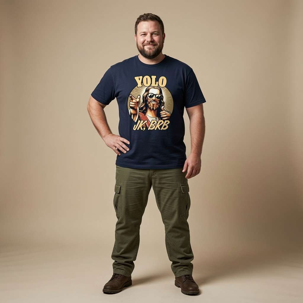 Man standing with one hand on his hip in a navy YOLO JK, BRB t-shirt, cheeky witty fun offensive Jesus banter design that every cheeky lad will claim