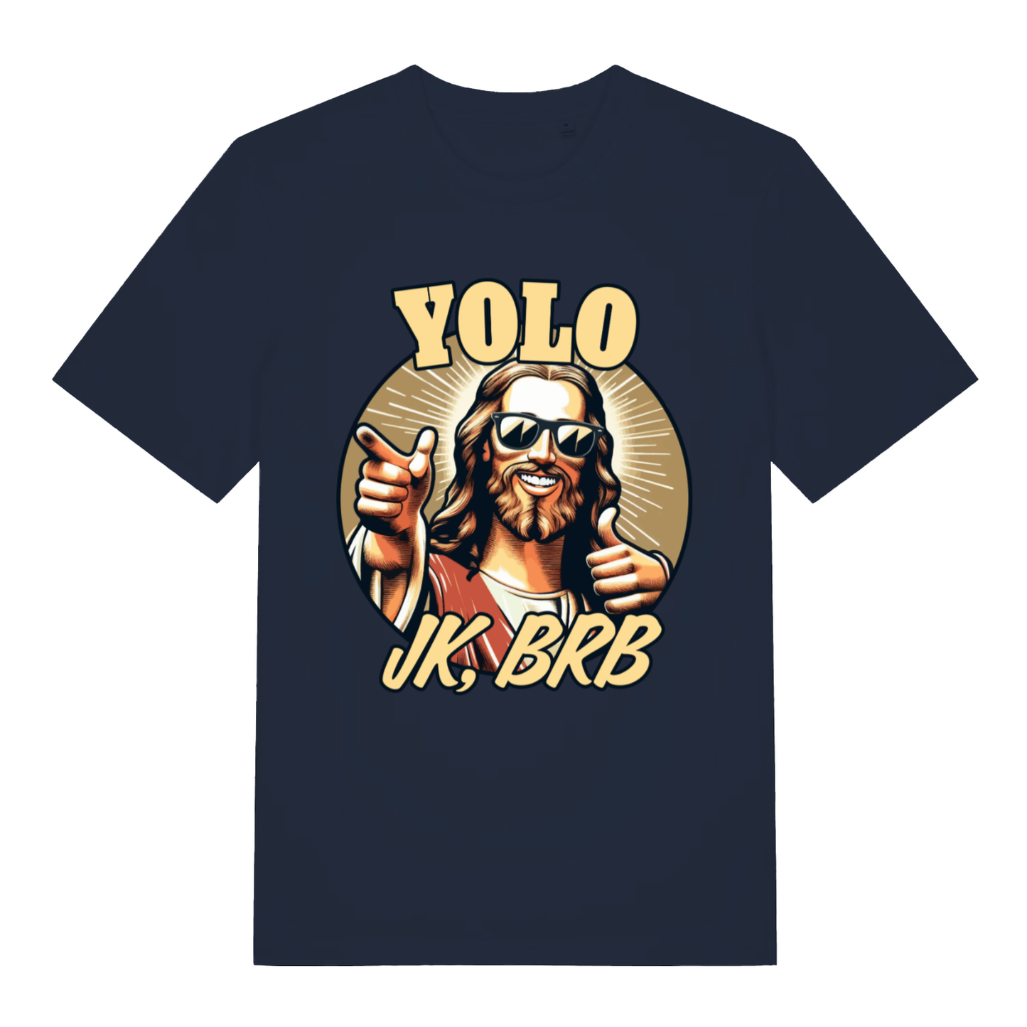 Navy YOLO JK BRB men’s funny Jesus graphic t-shirt showing cool Jesus pointing graphic  