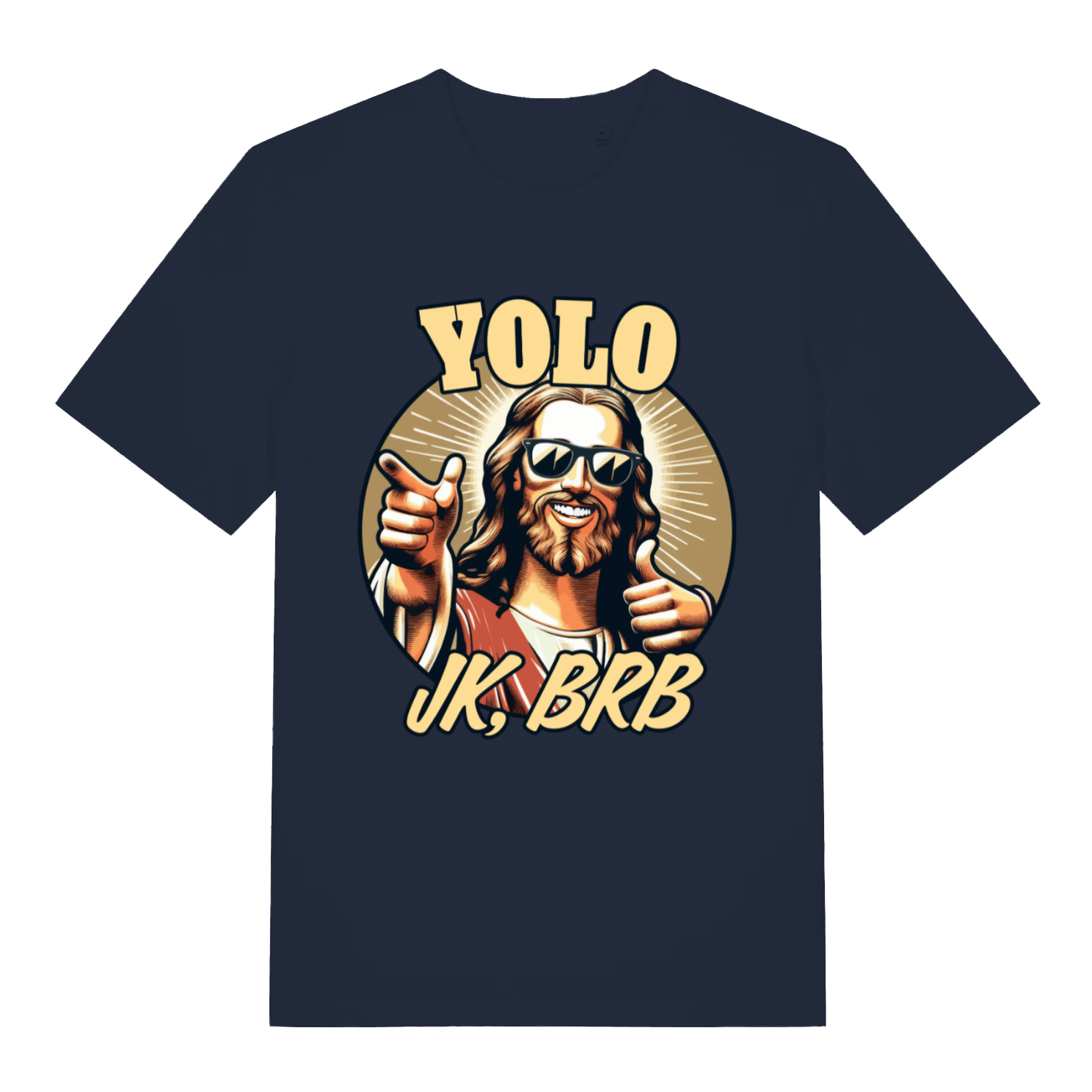 Navy YOLO JK BRB men’s funny Jesus graphic t-shirt showing cool Jesus pointing graphic  