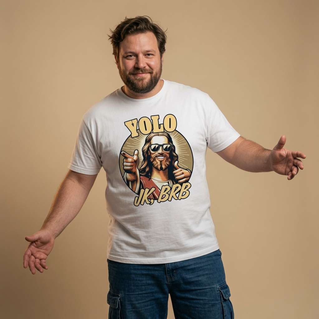 Man standing with both arms outstretched while wearing a white YOLO JK, BRB t-shirt featuring a cool Jesus in sunglasses giving a thumbs-up, offensive funny Jesus Easter joke shirt