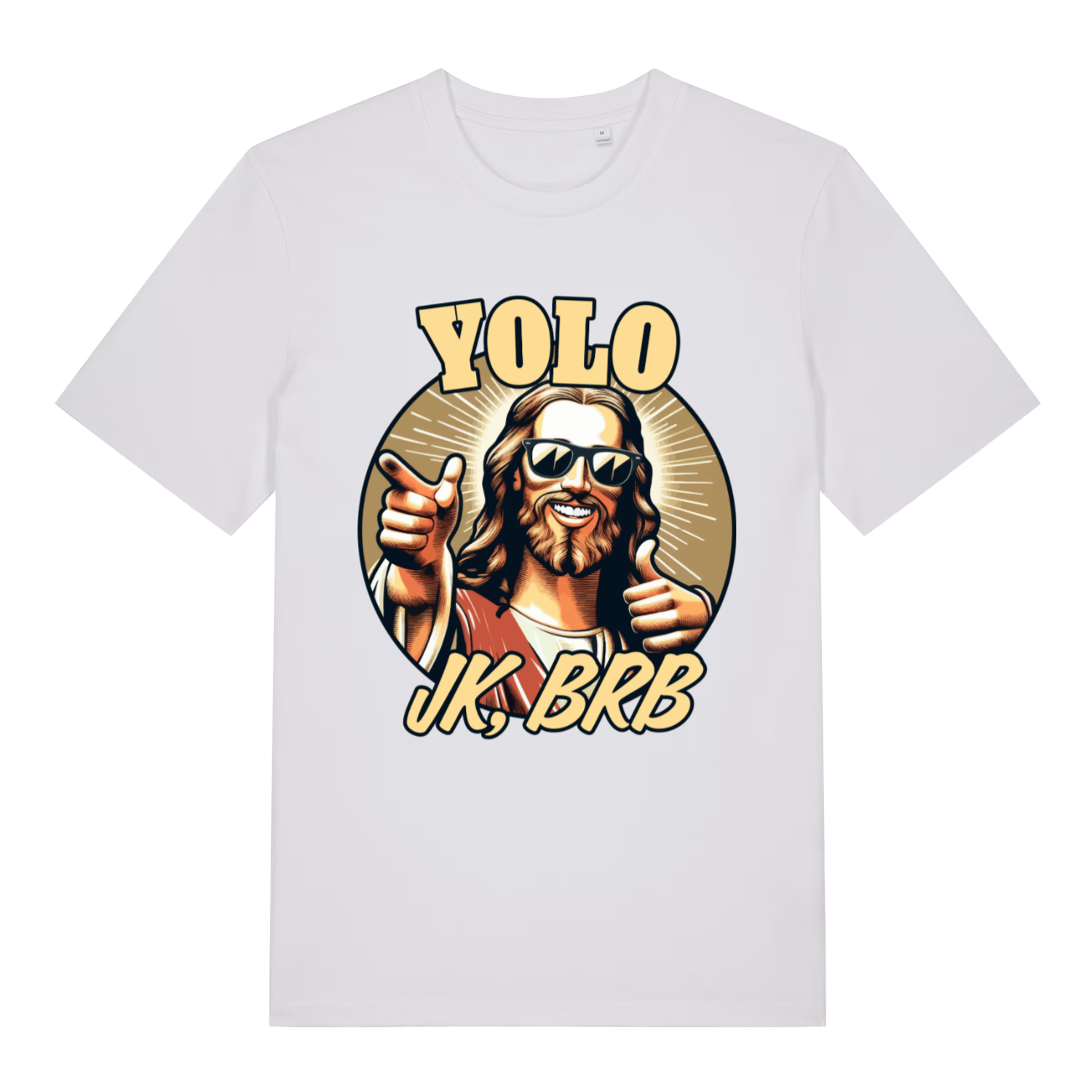 White YOLO JK BRB men’s funny Jesus graphic t-shirt with ultimate Sunday joke design  