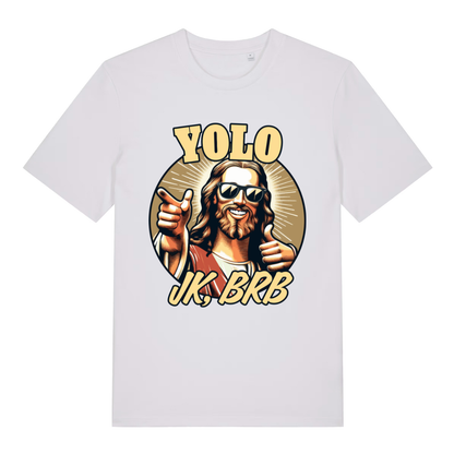 White YOLO JK BRB men’s funny Jesus graphic t-shirt with ultimate Sunday joke design  