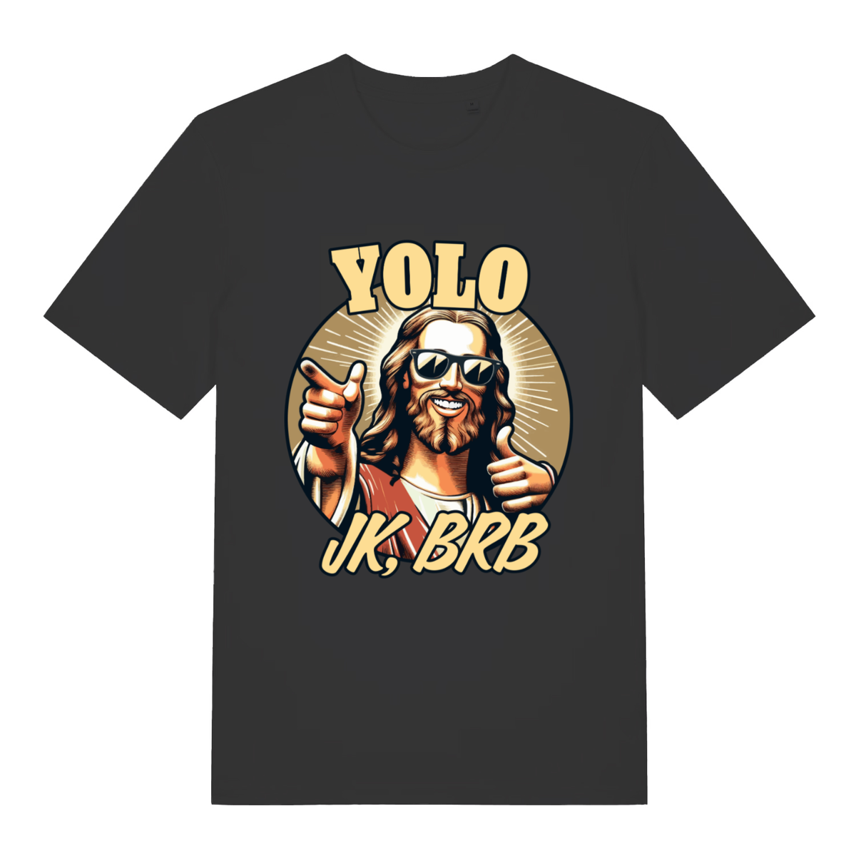 Black YOLO JK BRB women’s funny Jesus graphic t-shirt with cool shades and thumbs up design  