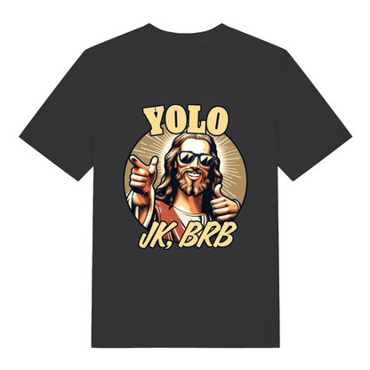 Black YOLO JK BRB women’s funny Jesus graphic t-shirt with cool shades and thumbs up design  