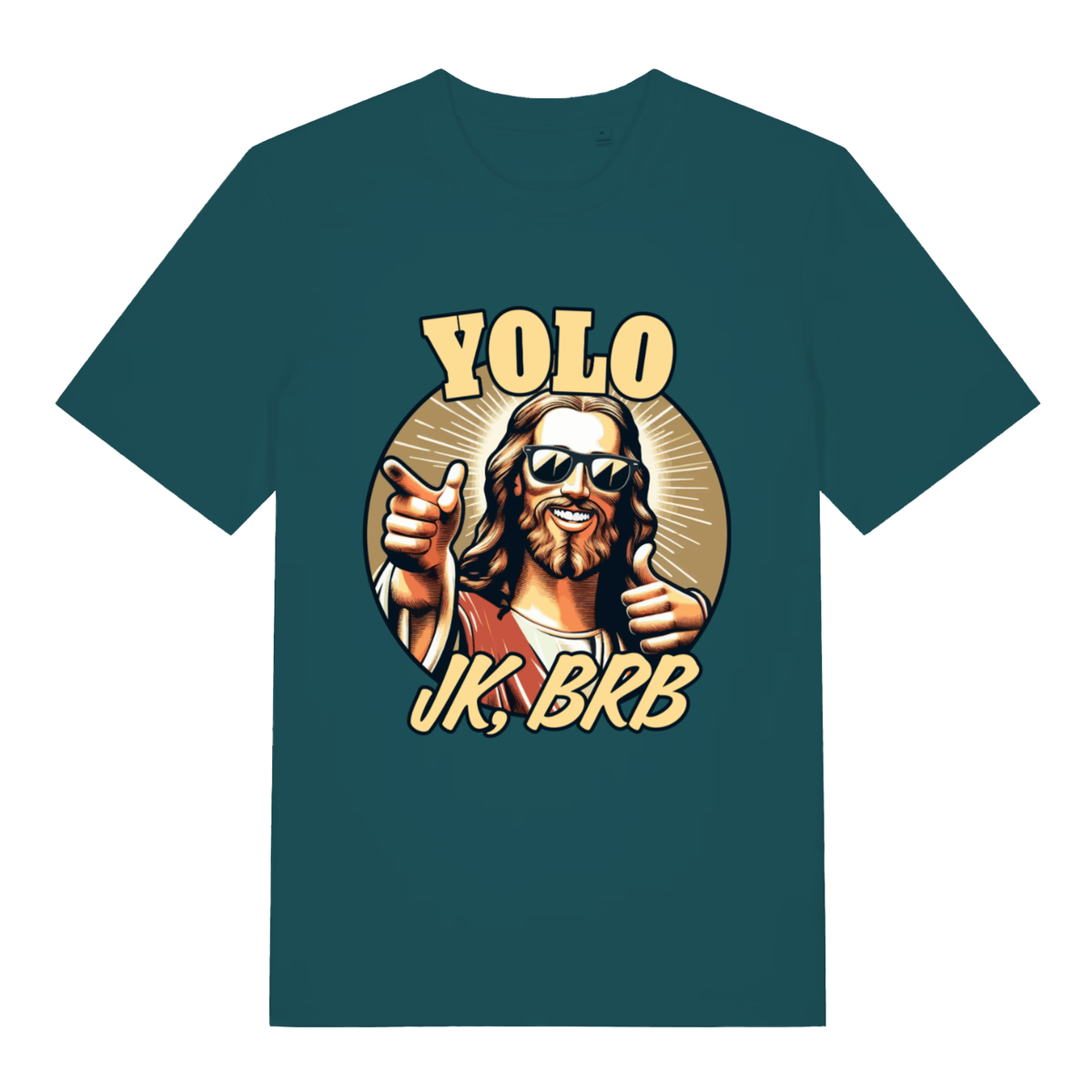 Green YOLO JK BRB women’s funny Jesus graphic t-shirt featuring classic resurrection banter print  