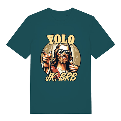 Green YOLO JK BRB women’s funny Jesus graphic t-shirt featuring classic resurrection banter print  