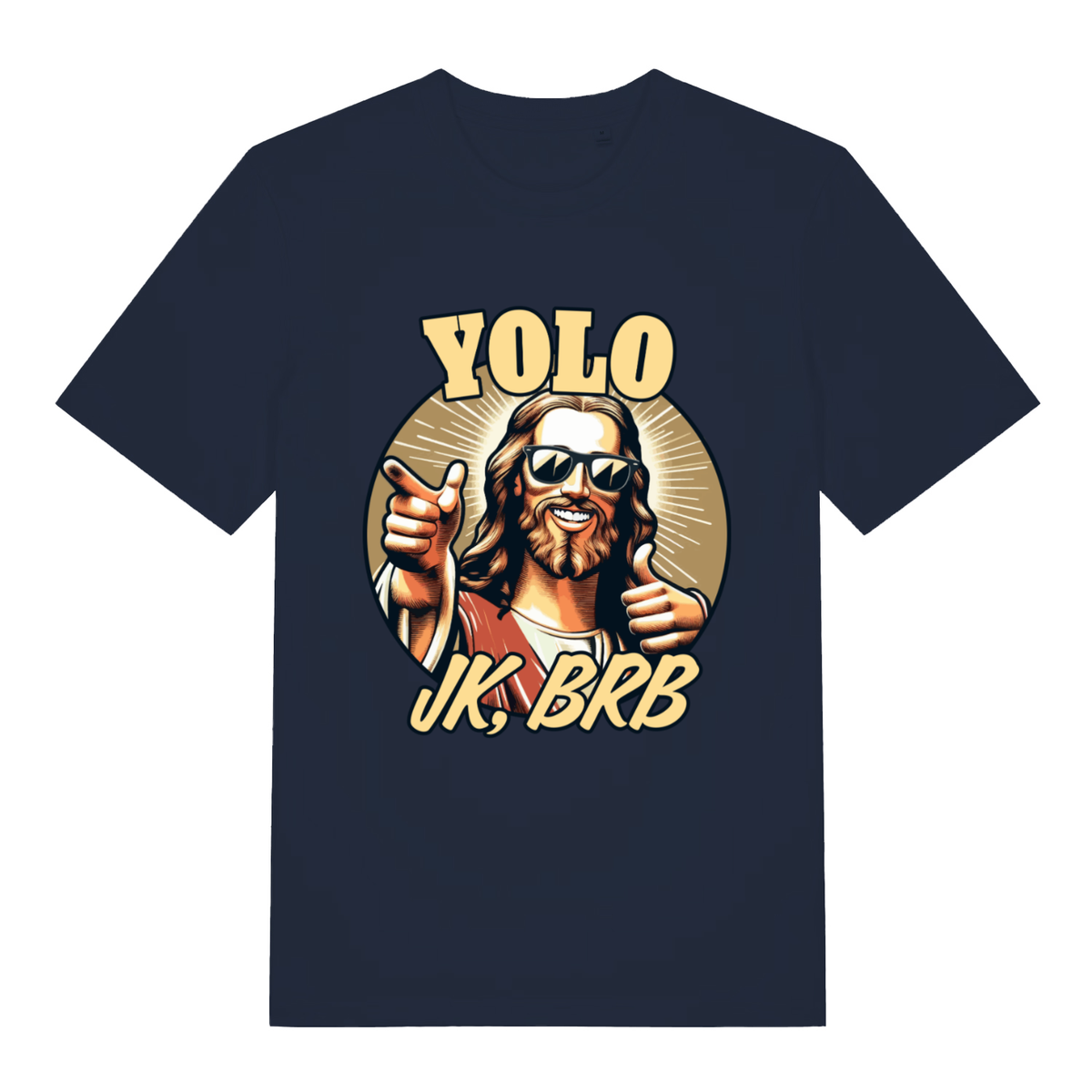 Navy YOLO JK BRB women’s funny Jesus graphic t-shirt with bold YOLO and JK BRB design  