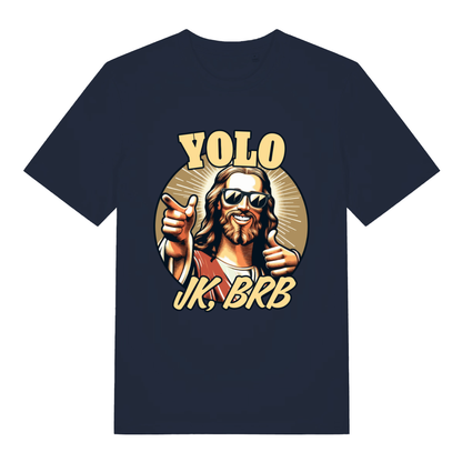 Navy YOLO JK BRB women’s funny Jesus graphic t-shirt with bold YOLO and JK BRB design  