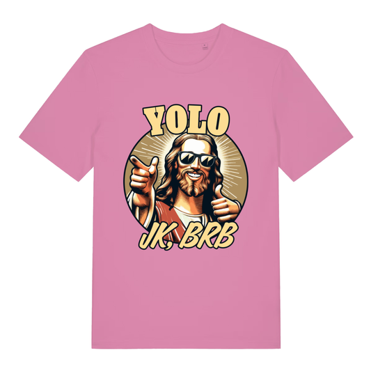 Pink YOLO JK BRB women’s funny Jesus graphic t-shirt showing cool Jesus pointing graphic  