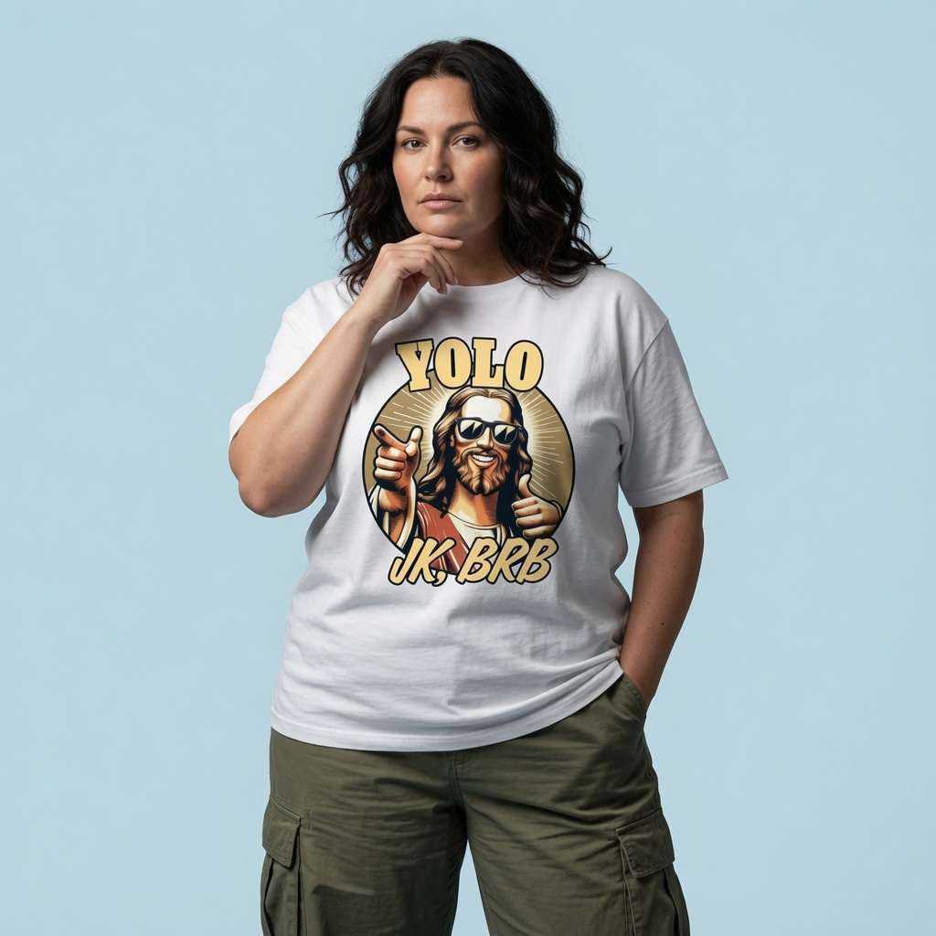 Woman resting her chin on her hand while wearing a white YOLO JK, BRB t-shirt featuring a cool Jesus in sunglasses giving a thumbs-up, funny offensive Jesus joke Easter shirt