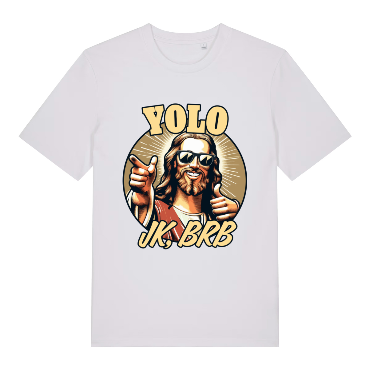 White YOLO JK BRB women’s funny Jesus graphic t-shirt with ultimate Sunday joke design  