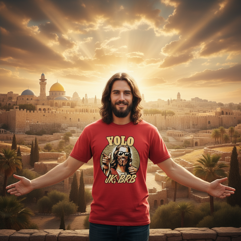 Man wearing a red Jesus t-shirt with a graphic design in front of a cityscape