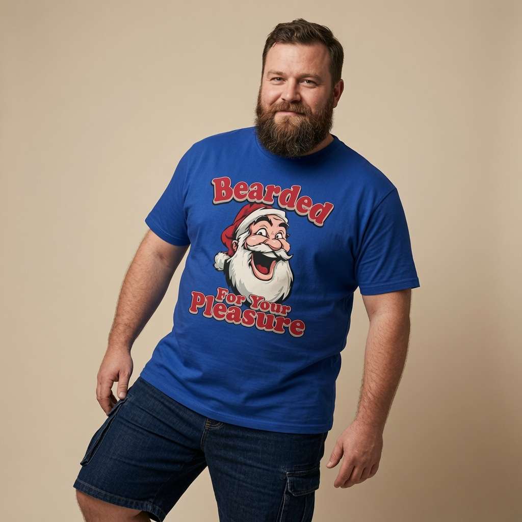 Man standing with one hand in his pocket in a blue Bearded For Your Pleasure t-shirt, funny mens Christmas beard gift shirt full of pure attitude