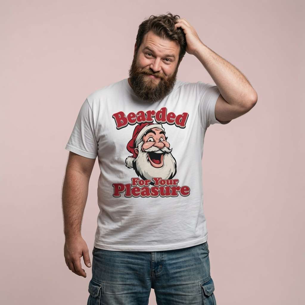 Man scratching the back of his head while wearing a white Bearded For Your Pleasure t-shirt featuring a laughing Santa, fun mens Christmas pub banter shirt