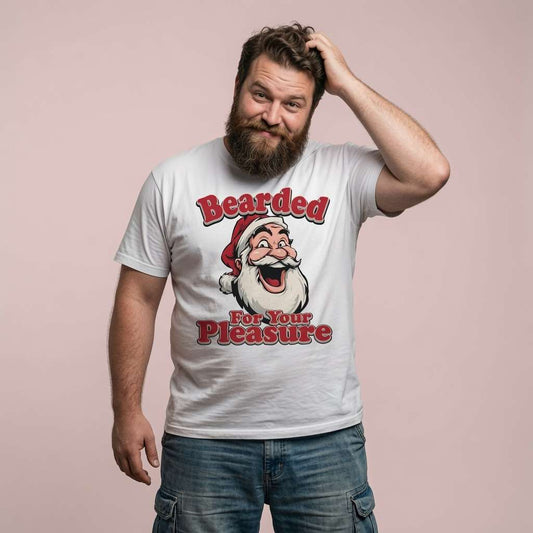 Man scratching the back of his head while wearing a white Bearded For Your Pleasure t-shirt featuring a laughing Santa, fun mens Christmas pub banter shirt