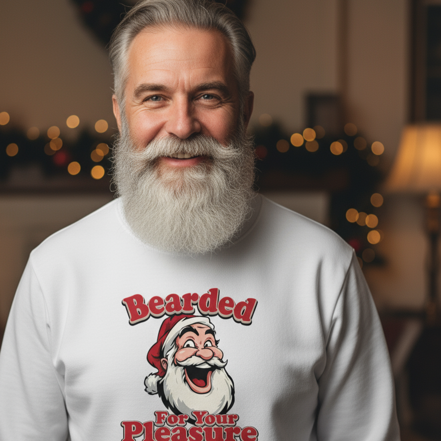 Man wearing a white Santa sweatshirt with a Santa Claus graphic and text, standing in a warm-lit room.