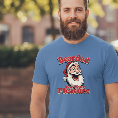 Man wearing a blue funny Santa t-shirt with a graphic of Santa Claus and text 'Bearded For Your Pleasure' outdoors.