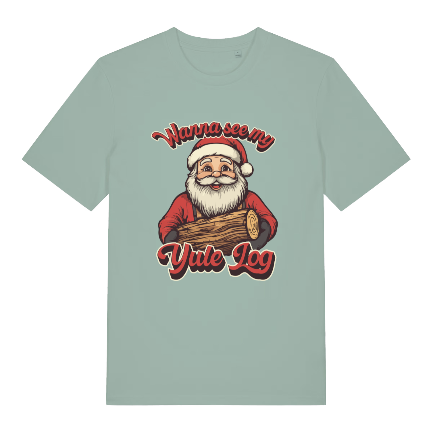 Aloe Wanna See My Yule Log men’s funny Christmas t-shirt with Santa holding log design  