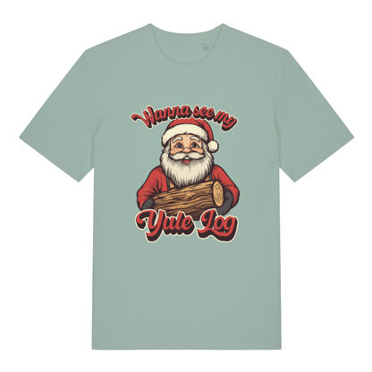 Aloe Wanna See My Yule Log men’s funny Christmas t-shirt with Santa holding log design  