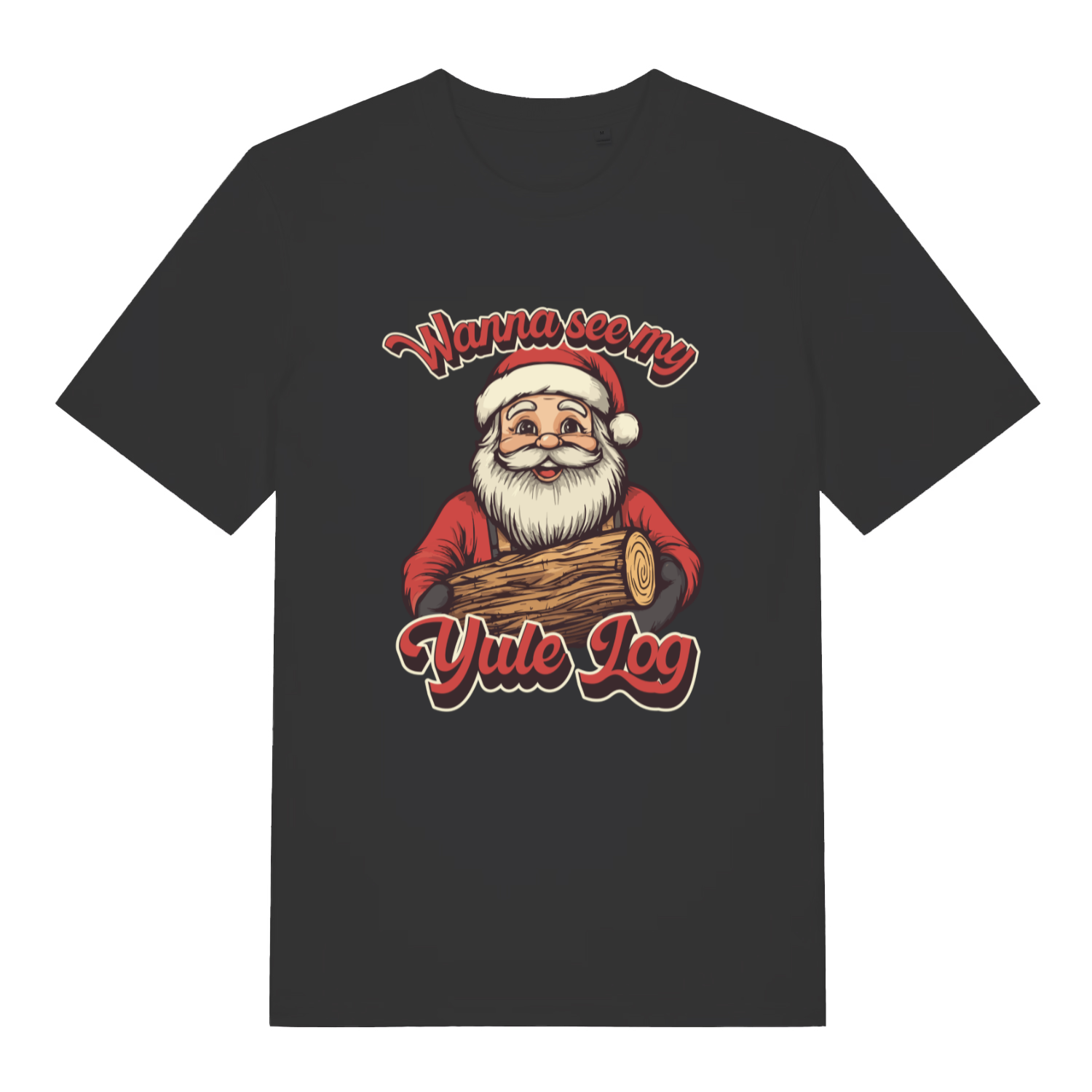 Black Wanna See My Yule Log men’s funny Christmas t-shirt featuring classic cheeky Santa print  
