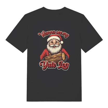 Black Wanna See My Yule Log men’s funny Christmas t-shirt featuring classic cheeky Santa print  