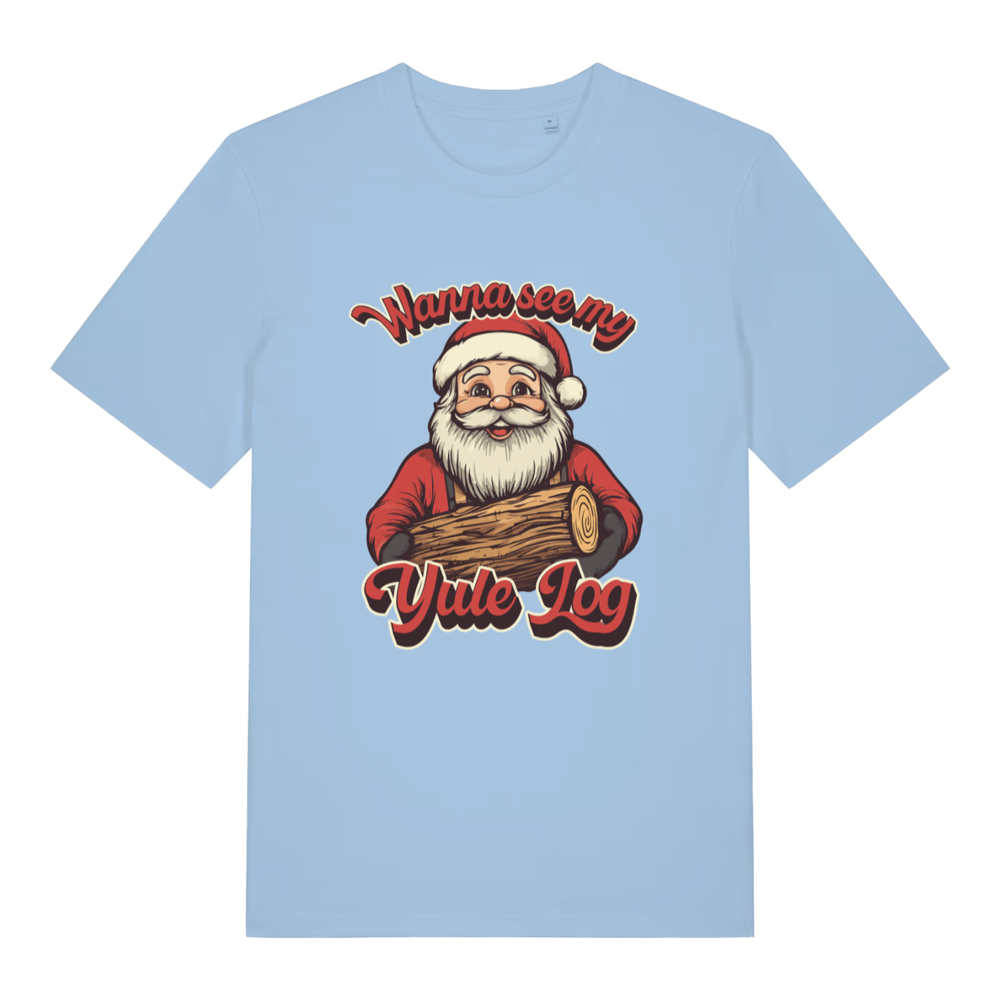 Light blue Wanna See My Yule Log men’s funny Christmas t-shirt with bold festive timber design  