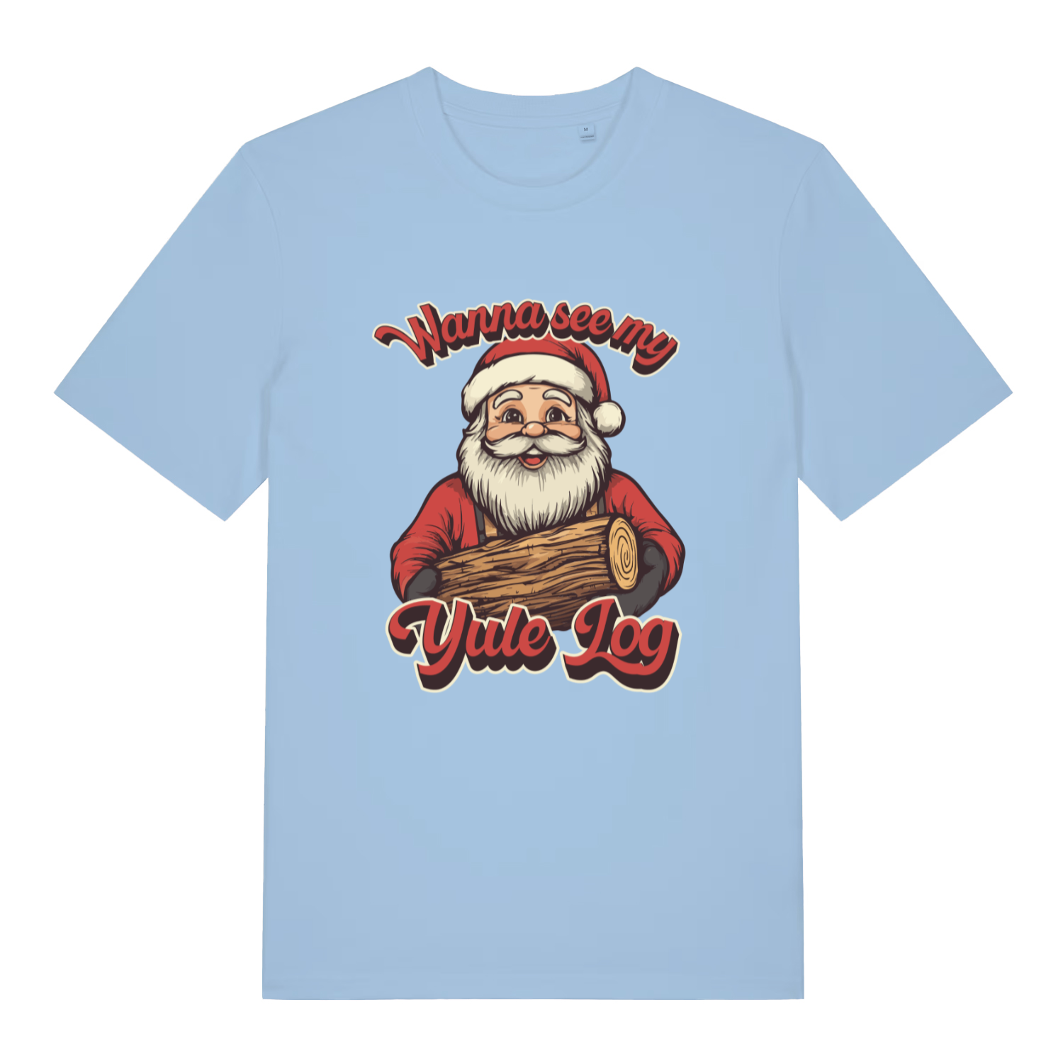 Light blue Wanna See My Yule Log men’s funny Christmas t-shirt with bold festive timber design  