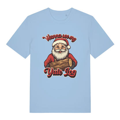Light blue Wanna See My Yule Log men’s funny Christmas t-shirt with bold festive timber design  