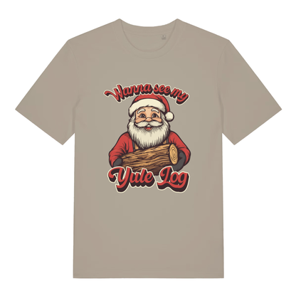 Stone Wanna See My Yule Log men’s funny Christmas t-shirt showing Santa and yule log graphic  