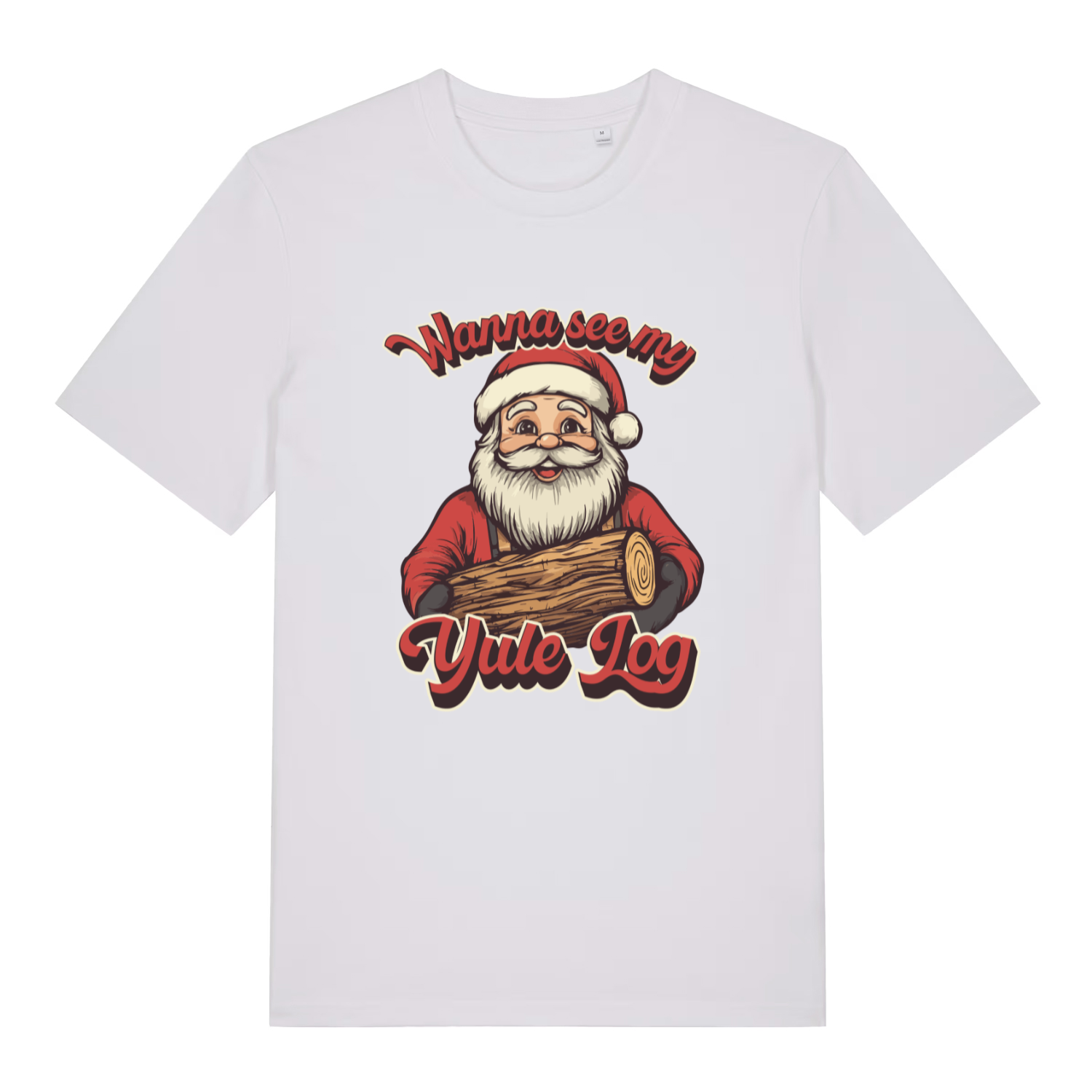 White Wanna See My Yule Log men’s funny Christmas t-shirt with ultimate naughty Santa design  