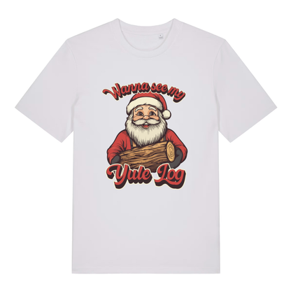 White Wanna See My Yule Log men’s funny Christmas t-shirt with ultimate naughty Santa design  