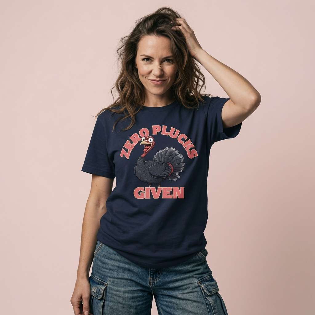 Woman smiling with one hand in her hair in a navy Zero Plucks Given t-shirt, cheeky animal pun design that every no-nonsense lady will claim