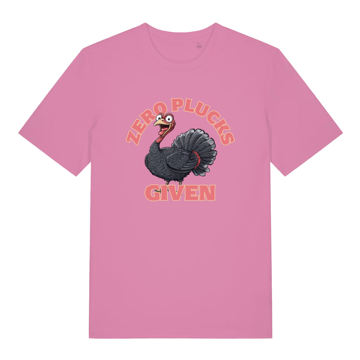 Pink Zero Plucks Given women’s funny Christmas t-shirt showing wide-eyed turkey graphic  