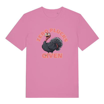 Pink Zero Plucks Given women’s funny Christmas t-shirt showing wide-eyed turkey graphic  