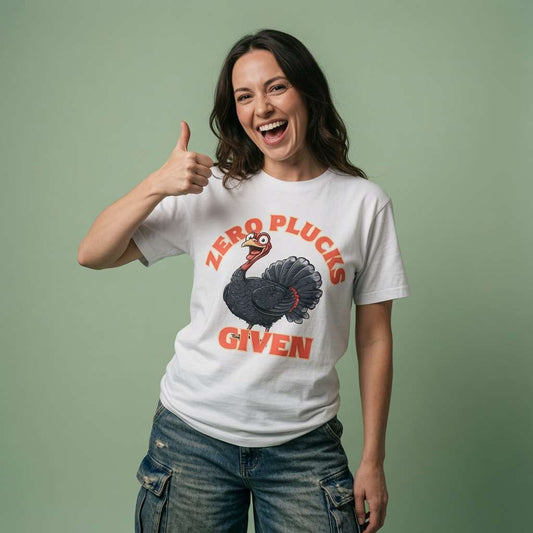 Woman laughing and giving a thumbs-up while wearing a white Zero Plucks Given t-shirt featuring a cartoon turkey, humorous witty Xmas turkey pun design