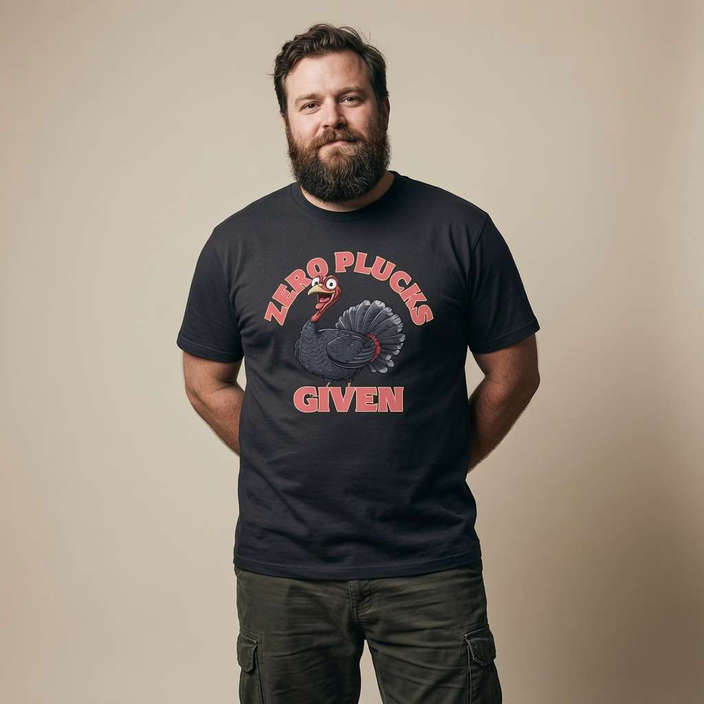 Man standing with both hands behind his back in a black Zero Plucks Given t-shirt, funny mens Christmas shirt full of pure attitude