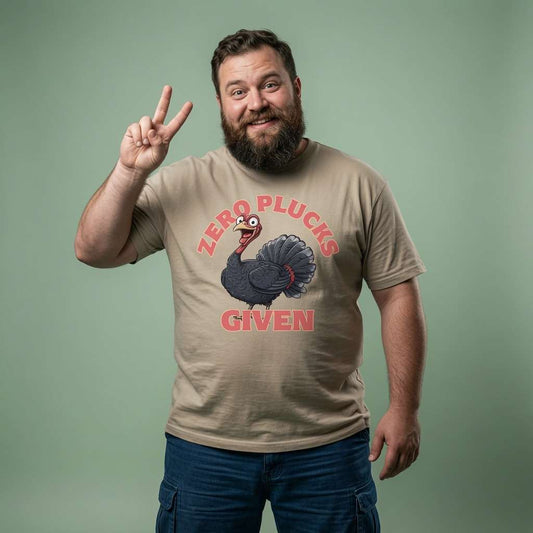 Man smiling and making a peace sign while wearing a stone Zero Plucks Given t-shirt featuring a cartoon turkey, funny mens Xmas design