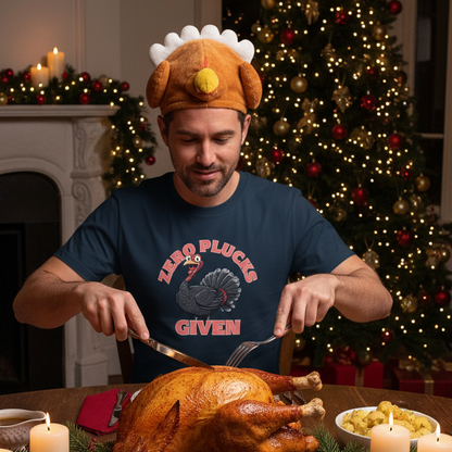 Man wearing a turkey hat and 'Zero Plucks Given' shirt carving a turkey in front of a Christmas tree.