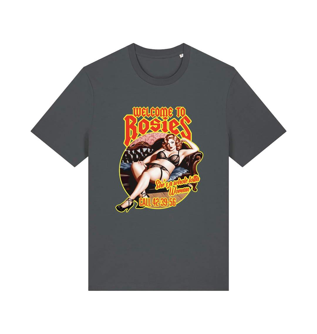 grey music t-shirt with the graphic of a lady in underwear and the logan 'welcome to rosies'