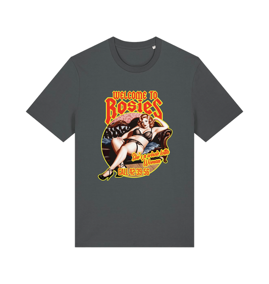 grey music t-shirt with the graphic of a lady in underwear and the logan 'welcome to rosies'