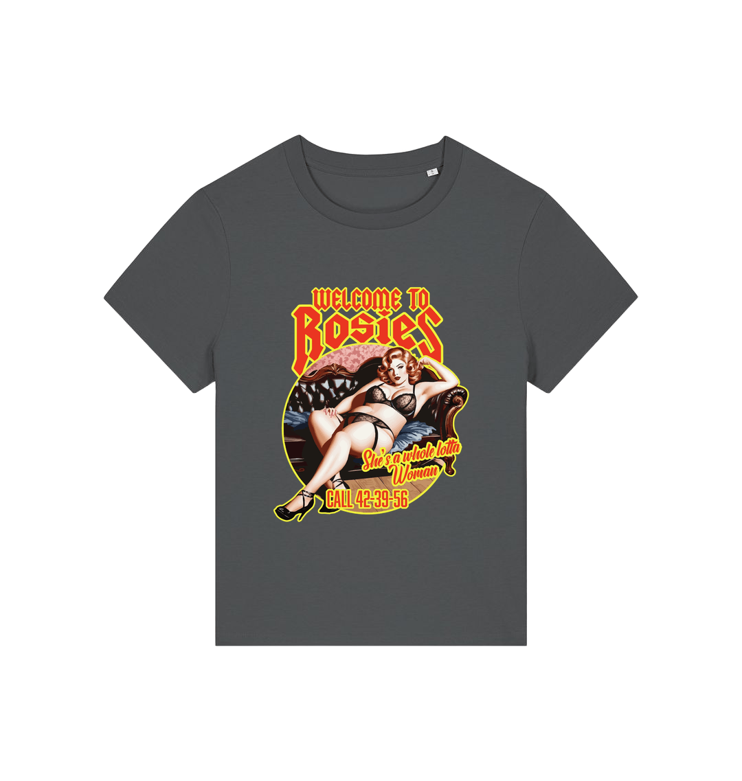 grey music t-shirt with the graphic of a woman in her underwear and the slogan 'welcome to rosies'