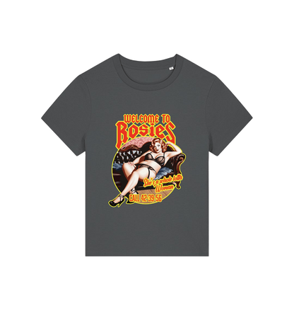 grey music t-shirt with the graphic of a woman in her underwear and the slogan 'welcome to rosies'